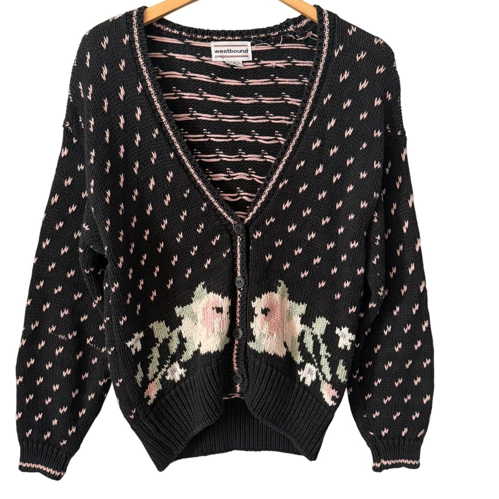 Westbound Vintage Women Sz Lg GrannyCore Black Ramie Cotton Cardigan Sweater